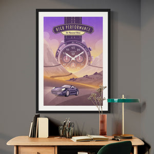 TAG Heuer and Porsche art print and poster. embodies high-performance cars and precision timekeeping. It has the headline “High Performance in Record Time” on it.