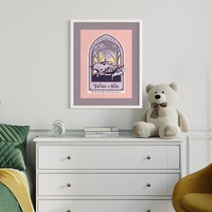 The Tortoise and The Hare children's story giclée art print and poster with ornate framing device and title design. It has bright colors, textures, and ornate typography, with a headline that says “The Tortoise and The Hare”.  At the bottom the type says “How slow and steady defeats quick and careless.”