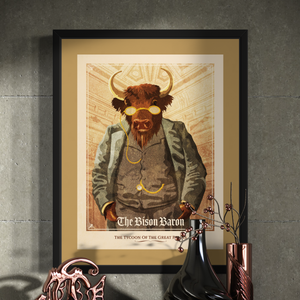 Like the portraits of the tycoons and captains of industry of the Gilded age, this print portrays the American Bison as a Baron of the Great Plains. The dusty colors, textures, and ornate typography, with a headline that says “The Bison Boron.  At the bottom the type says “Making chicks everywhere swoon with excitement.”