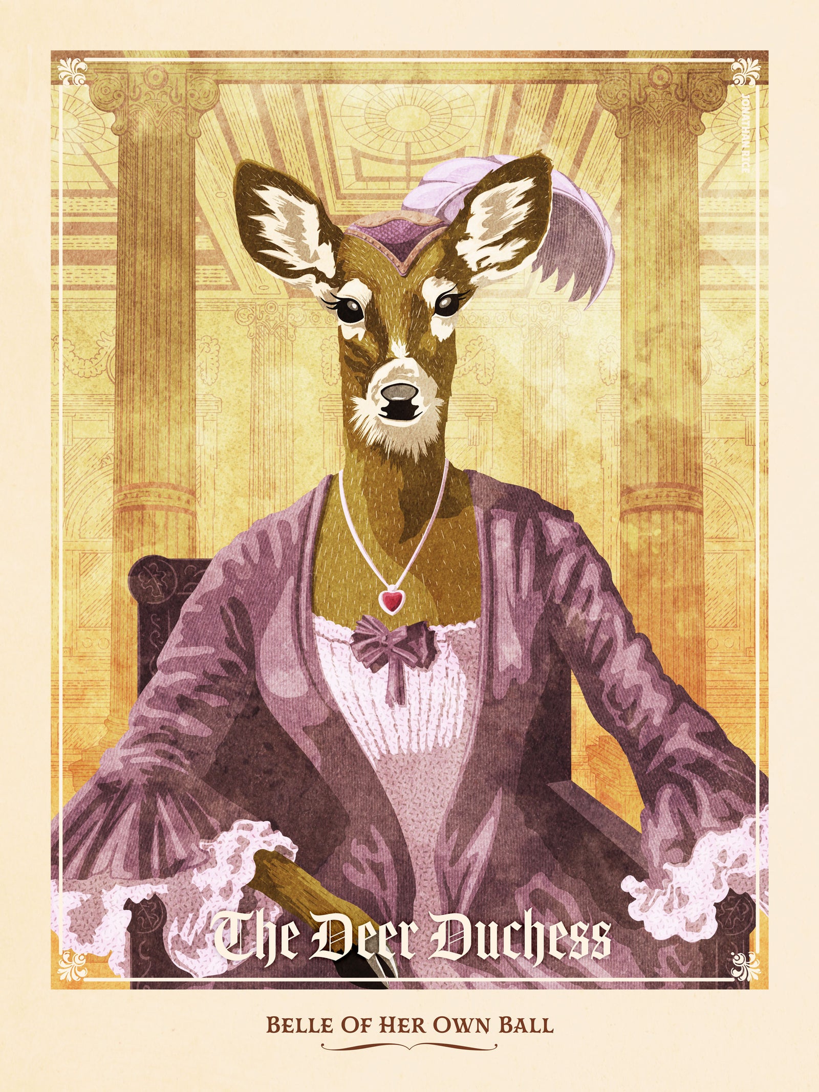 Like the portraits of the tycoons and captains of industry of the Gilded age, this print portrays the female mule deer as the belle of her own ball in a classic ball room of the 1890s. The dusty colors, textures, and ornate typography, with a headline that says “The Deer Duchess”.  At the bottom the type says “Belle of her own ball.”