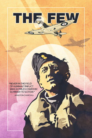 Retro style giclée art print depicting a WWII pilot looking up in the sky as Spitfire fighter planes fly overhead. It has the words “The Few” at the top. The print’s dusty warm colors combined with bright magentas makes for a stunning image. There is a famous quote by Winston Churchill on the print. 