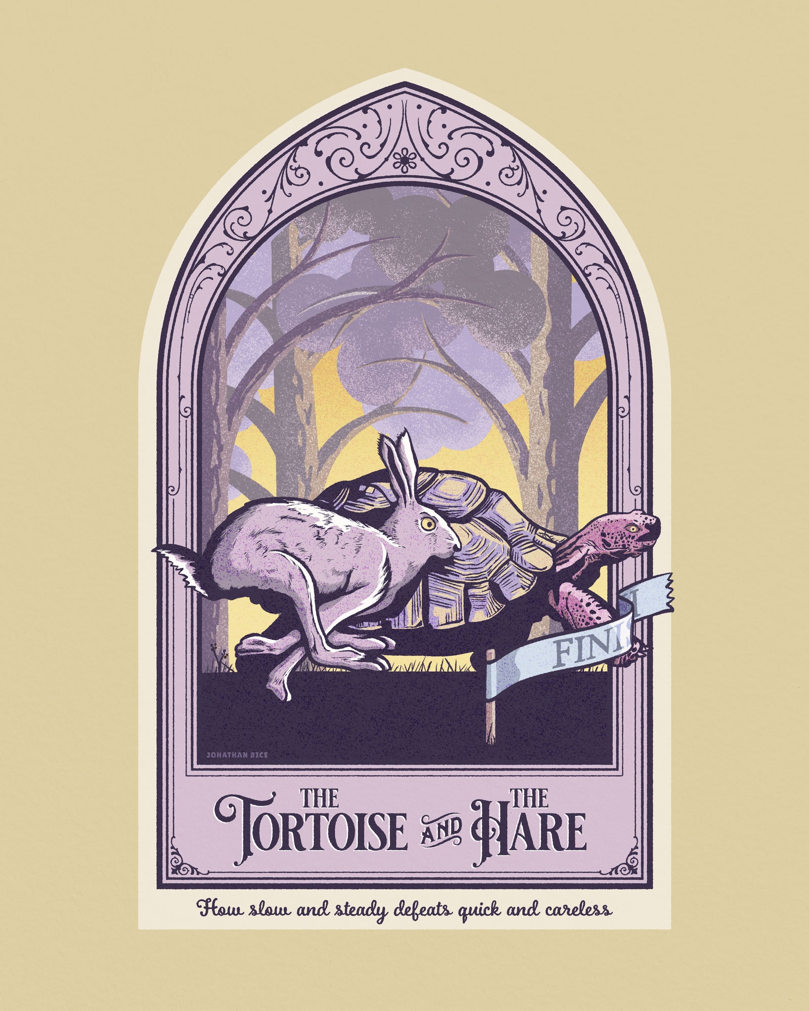 The Tortoise and The Hare children's story giclée art print and poster with ornate framing device and title design. It has bright colors, textures, and ornate typography, with a headline that says “The Tortoise and The Hare”.  At the bottom the type says “How slow and steady defeats quick and careless.”