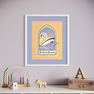 The Ugly Duckling children's story giclée art print and poster with ornate framing device and title design, just like a page from a storybook. The beautiful swan is depicted in bright colors, textures, and ornate typography, with a headline that says “The Ugly Duckling”.  At the bottom the type says “A story of humility, acceptance and transformation .”