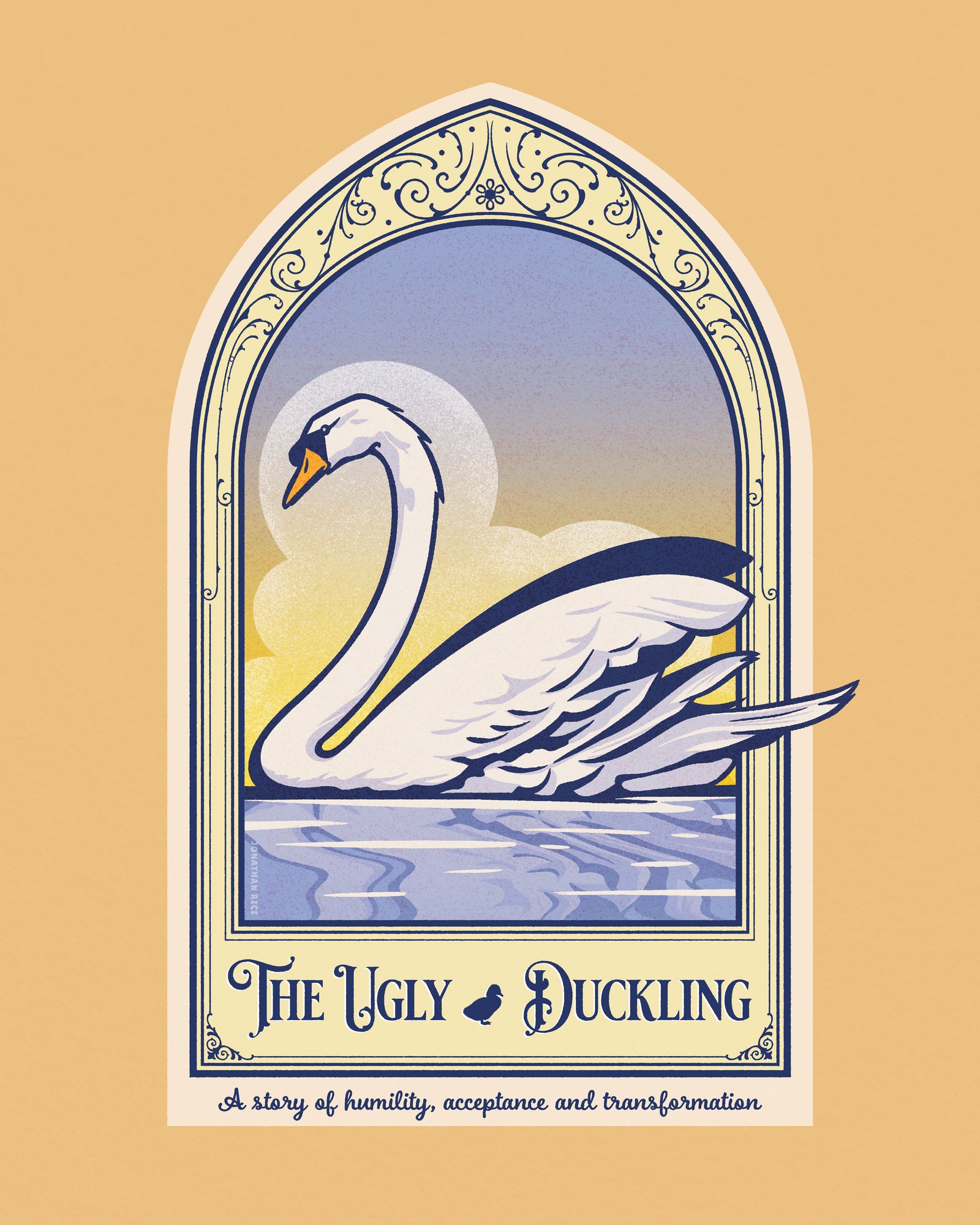 The Ugly Duckling children's story giclée art print and poster with ornate framing device and title design, just like a page from a storybook. The beautiful swan is depicted in bright colors, textures, and ornate typography, with a headline that says “The Ugly Duckling”.  At the bottom the type says “A story of humility, acceptance and transformation .”