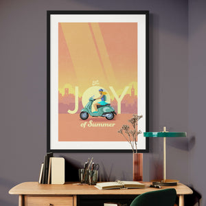 Italian scooter art print and poster. This poster captures the joy of riding a Vespa scooter through on a bright summer day with its bright vibrant colors, bold design, and headline “The Joy of Summer.”
