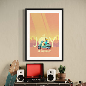 Italian scooter art print and poster. This poster captures the joy of riding a Vespa scooter through on a bright summer day with its bright vibrant colors, bold design, and headline “The Joy of Summer.”
