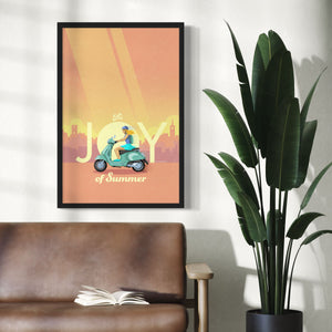 Italian scooter art print and poster. This poster captures the joy of riding a Vespa scooter through on a bright summer day with its bright vibrant colors, bold design, and headline “The Joy of Summer.”
