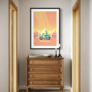 Italian scooter art print and poster. This poster captures the joy of riding a Vespa scooter through on a bright summer day with its bright vibrant colors, bold design, and headline “The Joy of Summer.”
