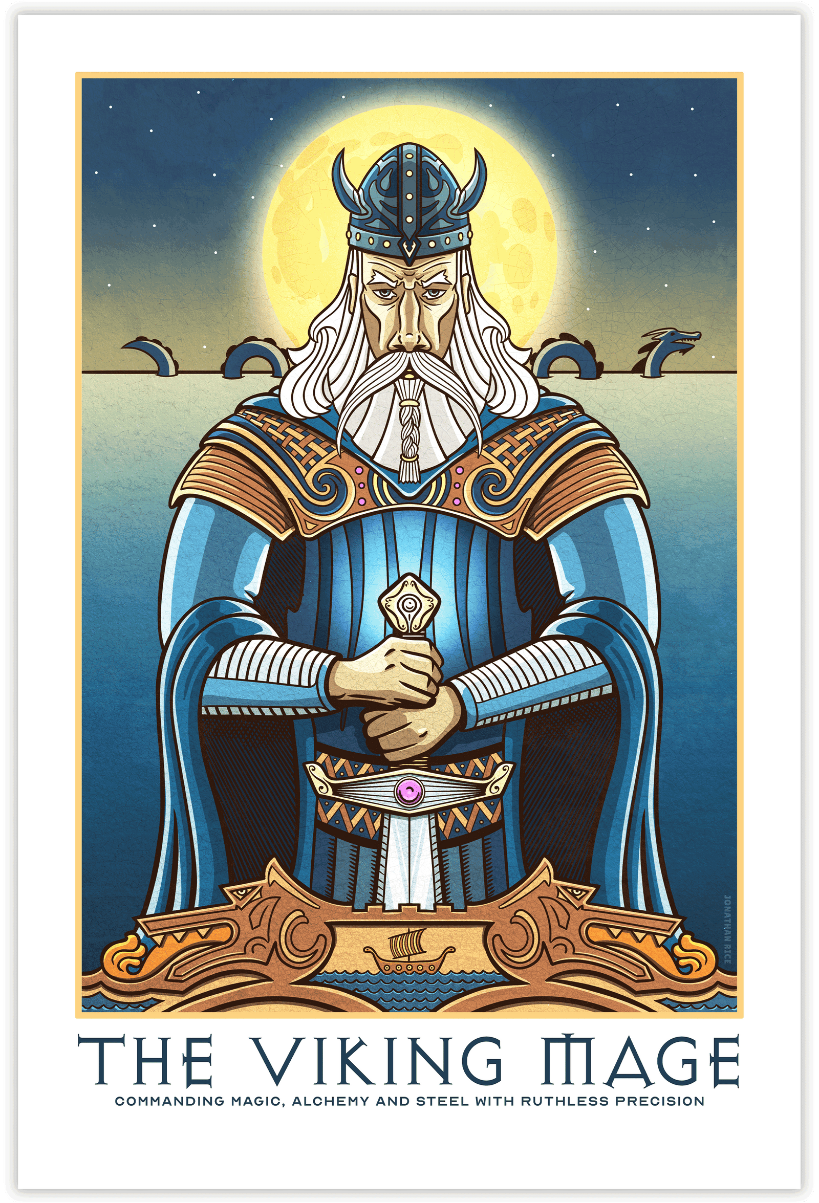 Enchanting giclée art print depicts a Viking Mage in armor, holding a magical sword against a full moon. The print features magical, storybook colors, textures, and ornate typography, with headings “The Viking Mage” and “Commanding magic, alchemy, and steel with ruthless precision.”