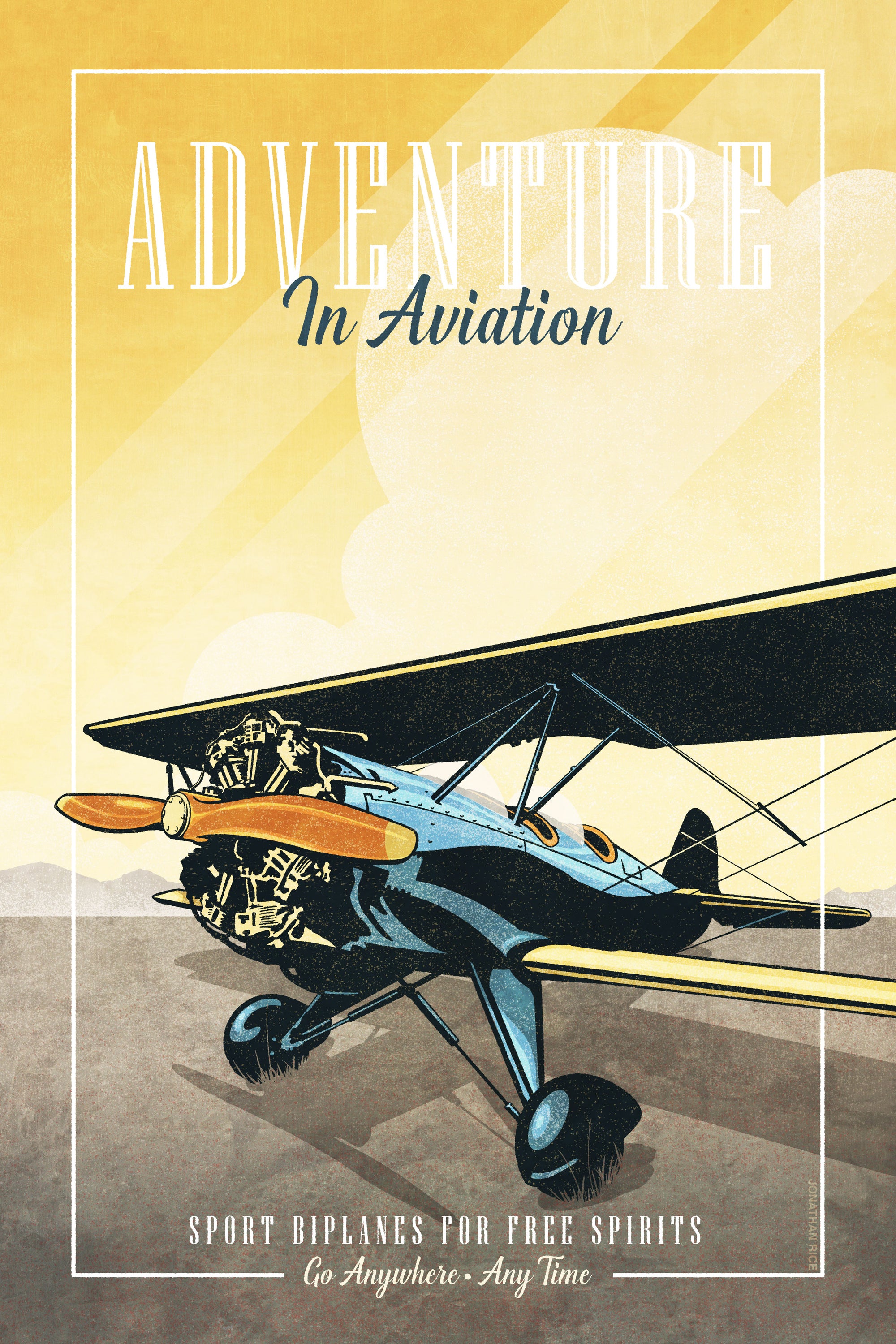 Retro style giclée art print of a modified WACO Biplane ready for takeoff. It has the words “Adventure in Aviaton” at the top. The print’s dusty yellow sunrise colors combined with bright blues and orange of the plane makes for a stunning image. There are additional words a the bottom that says “Sport biplanes for free spirits. Go Anywhere, Any Time.”.