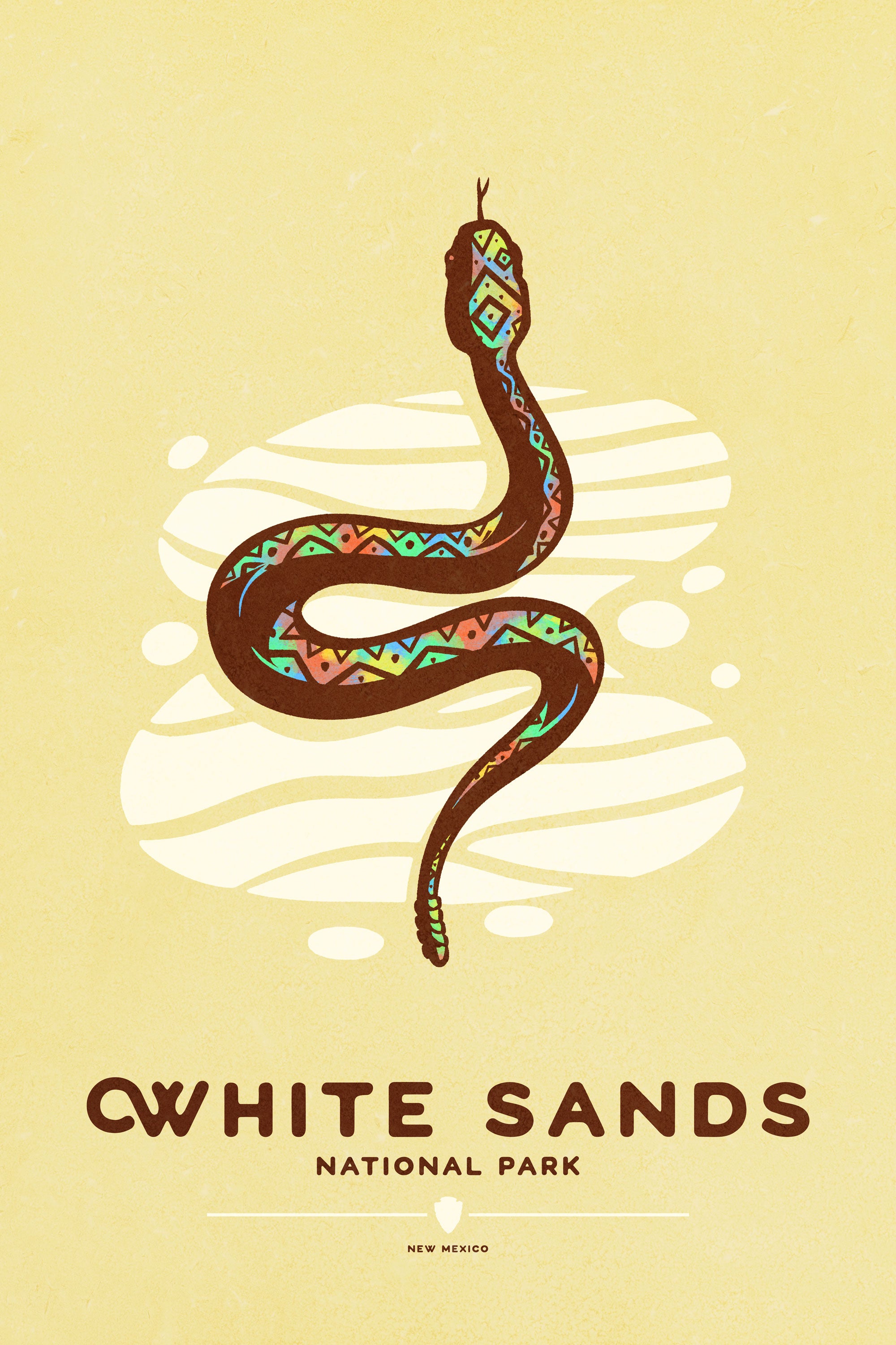 Modern, minimalist giclée art print of White Sands National Park & Preserve in Alaska. This simple and classy poster depicts a Diamondback Rattlesnake slithering across the white sands of the park. It has the words “White Sands National Park, New Mexico”  at the bottom. The print’s muted overall background color allows the bold and vibrant colors of the main image to pop. 