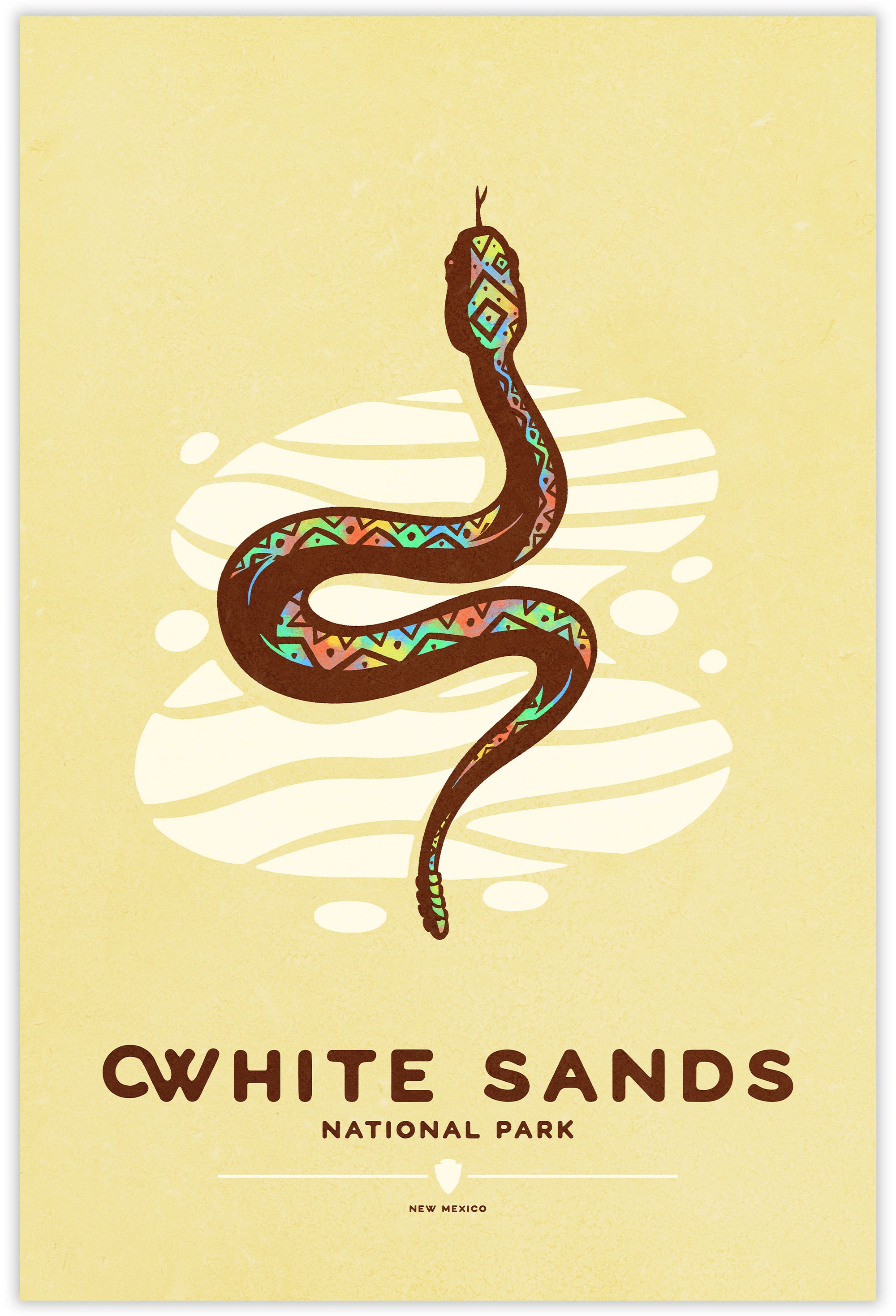 Modern, minimalist giclée art print of White Sands National Park & Preserve in Alaska. This simple and classy poster depicts a Diamondback Rattlesnake slithering across the white sands of the park. It has the words “White Sands National Park, New Mexico”  at the bottom. The print’s muted overall background color allows the bold and vibrant colors of the main image to pop. 