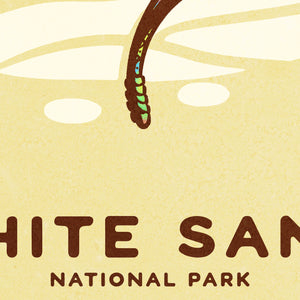 Modern, minimalist giclée art print of White Sands National Park & Preserve in Alaska. This simple and classy poster depicts a Diamondback Rattlesnake slithering across the white sands of the park. It has the words “White Sands National Park, New Mexico”  at the bottom. The print’s muted overall background color allows the bold and vibrant colors of the main image to pop. 