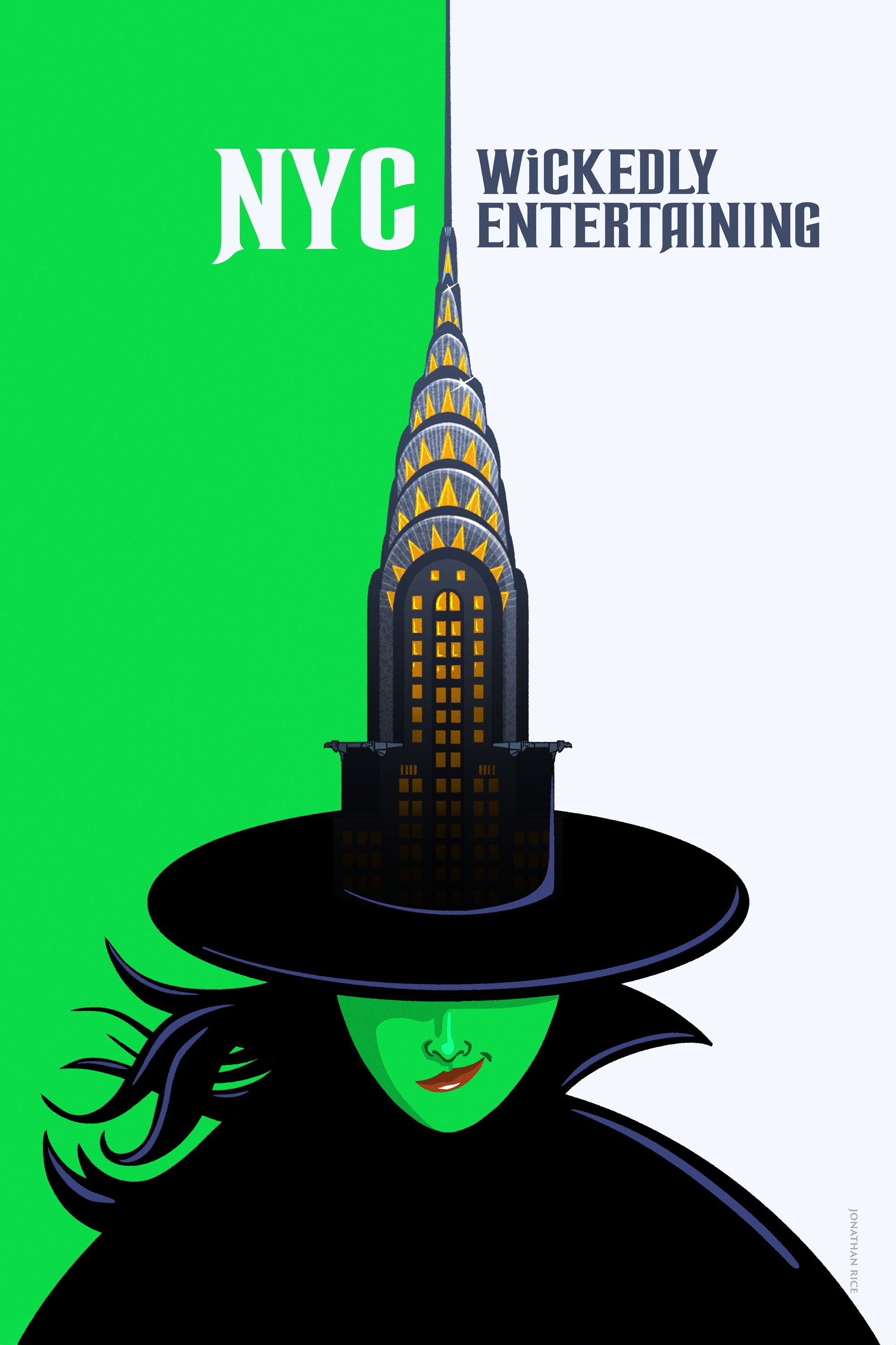 New York City Travel Poster. A little bit of the iconic Chrysler building mixed with a little bit of the Wicked Witch create a wickedly entertaining poster for the city that never sleeps. Bright and bold colors combined with a striking design create a stunning poster, which is sure to make a great addition to any room, with a headline that says “NYC: Wickedly Entertaining”. 