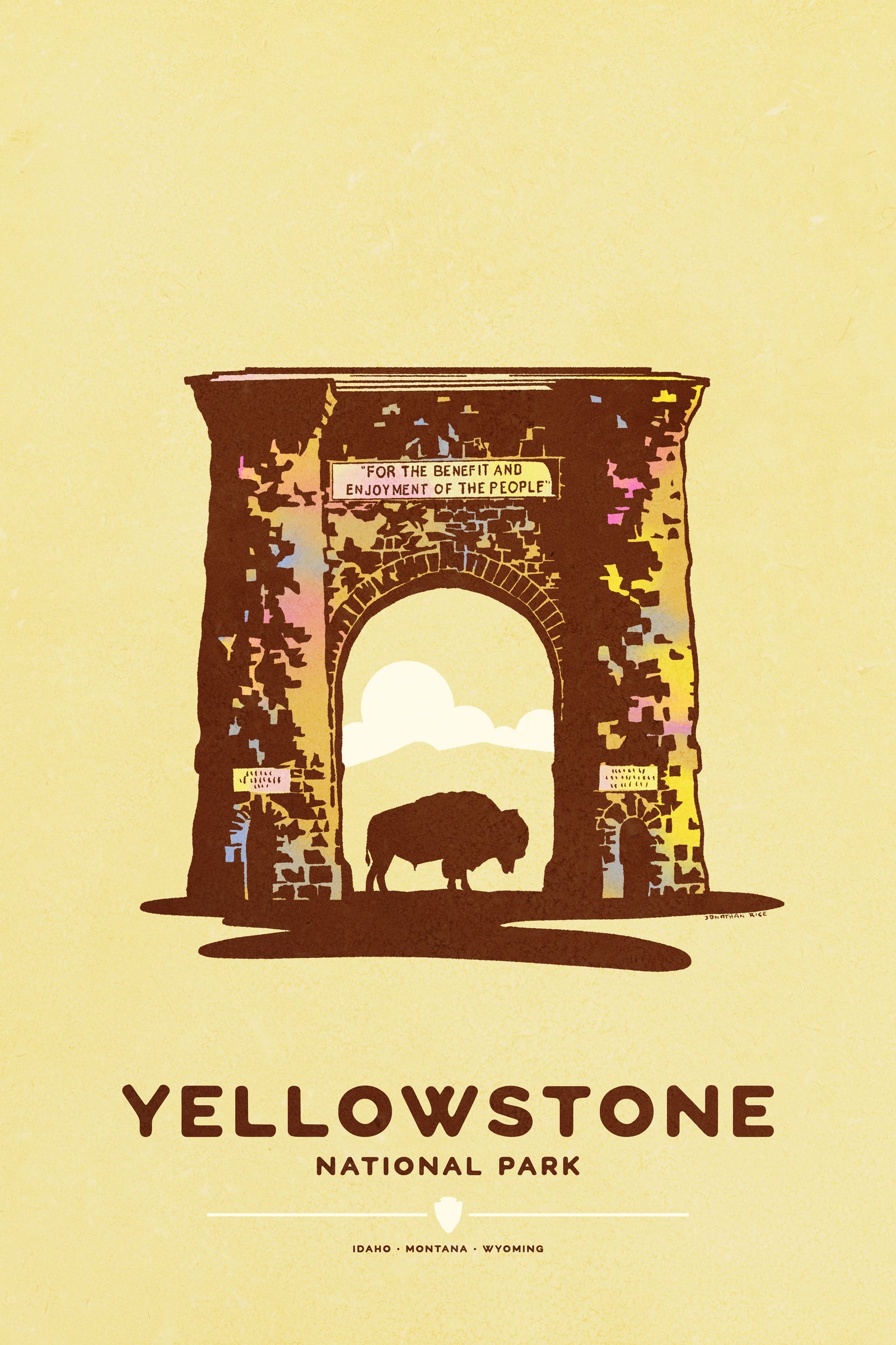 Modern, minimalist giclée art print for Yellowstone National Park in Idaho, Montana and Wyoming. The poster depicts the historic Roosevelt Arch—a gateway to Yellowstone—with a bison standing in the middle of it. It has the words “Yellowstone National Park”  and “Idaho, Montana, Wyoming” at the bottom. The print’s muted overall background color allows the bold and vibrant colors of the main image to pop. 