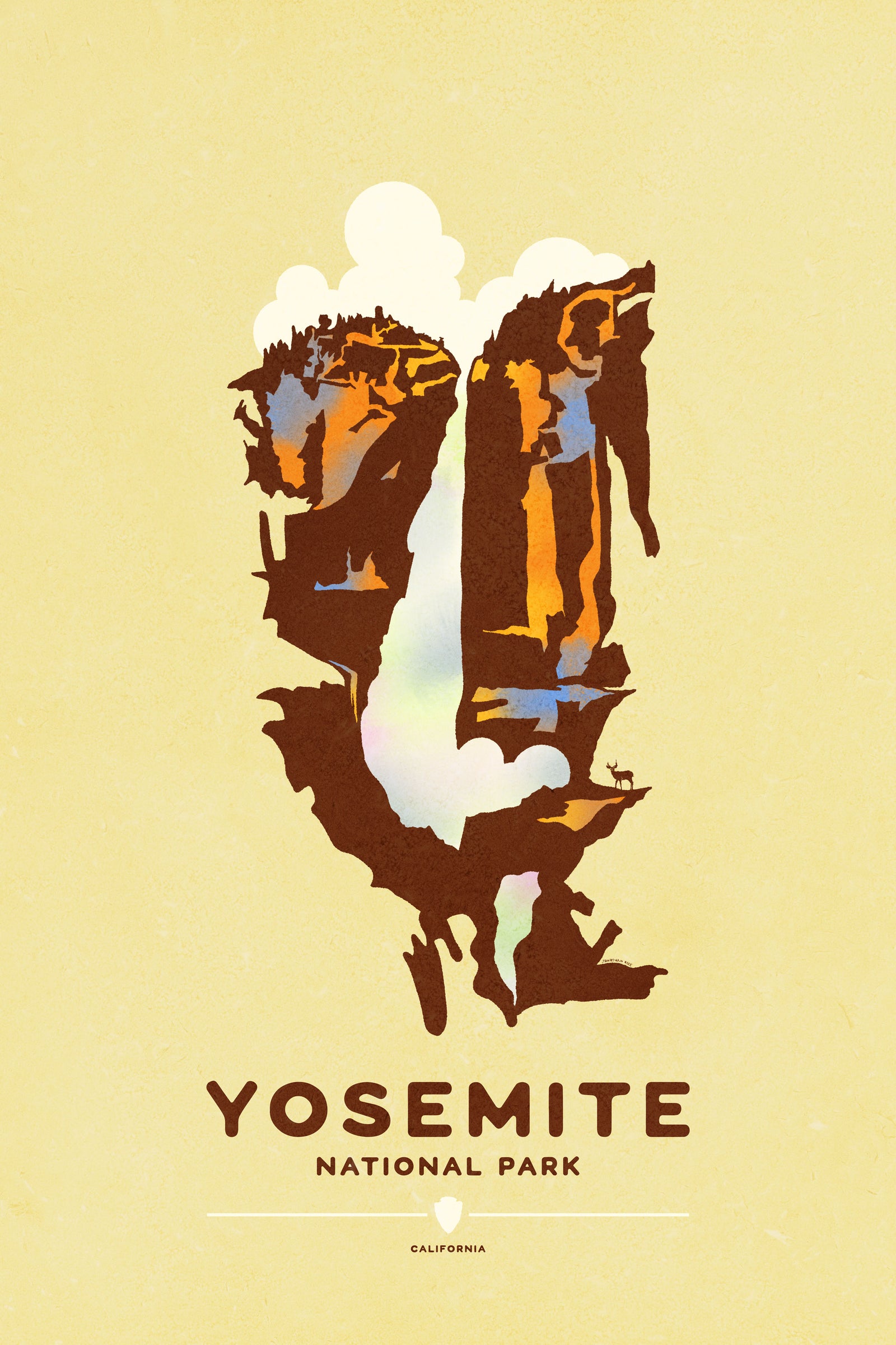 Modern, minimalist giclée art print for Modern, minimalist giclée art print for Yosemite National Park in California. his simple and classy poster depicts a portion of Yosemite Falls with a mule deer on a cliff it. It has the words “Yosemite National Park, California” at the bottom. The print’s muted overall background color allows the bold and vibrant colors of the main image to pop. 