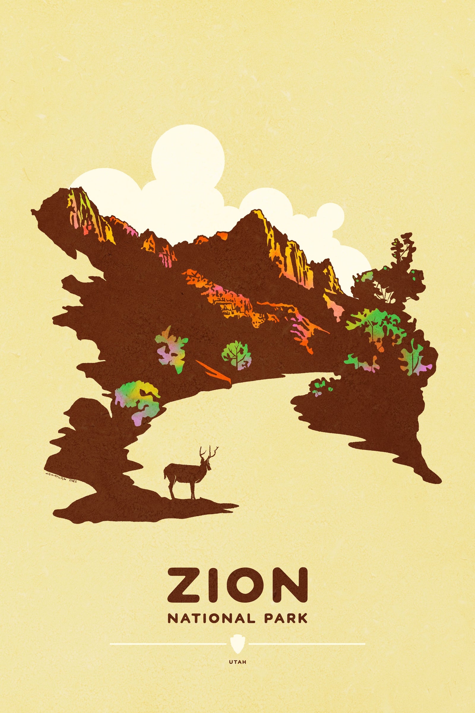 Modern, minimalist giclée art print of Zion National Park in Utah. This simple and classy poster depicts part of the Watchman Trail with a mule deer grazing beside the Virgin River.  It has the words “Zion National Park, Utah”  at the bottom. The print’s muted overall background color allows the bold and vibrant colors of the main image to pop. 