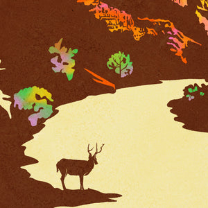 Detail of Modern, minimalist giclée art print of Zion National Park in Utah. This simple and classy poster depicts part of the Watchman Trail with a mule deer grazing beside the Virgin River.  It has the words “Zion National Park, Utah”  at the bottom. The print’s muted overall background color allows the bold and vibrant colors of the main image to pop. 