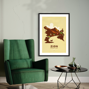 Modern, minimalist giclée art print of Zion National Park in Utah. This simple and classy poster depicts part of the Watchman Trail with a mule deer grazing beside the Virgin River.  It has the words “Zion National Park, Utah”  at the bottom. The print’s muted overall background color allows the bold and vibrant colors of the main image to pop. 
