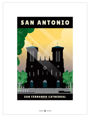 San Antonio, Texas San Fernando Cathedral vintage travel poster in retro illustration style