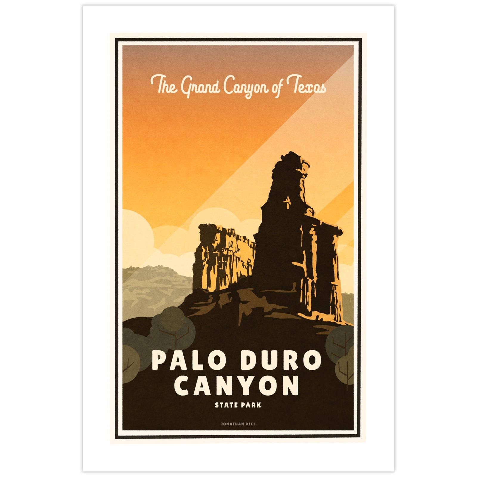 Palo Duro Canyon State Park vintage travel poster featuring the Lighthouse rock formation, colorful red canyon walls, blue Texas sky, and bold mid-century inspired illustration celebrating the Grand Canyon of Texas.
