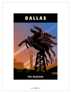 Dallas, Texas Pegasus Neon Sign vintage travel poster in retro illustration style
