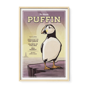 Atlantic Puffin coastal wildlife print in natural oak frame