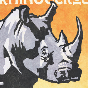 Detail of White Rhinoceros illustration, distressed texture and vintage typography