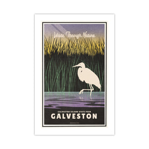 Unframed Galveston Island State Park art print featuring a white egret wading through Texas Gulf Coast marshes at sunset.