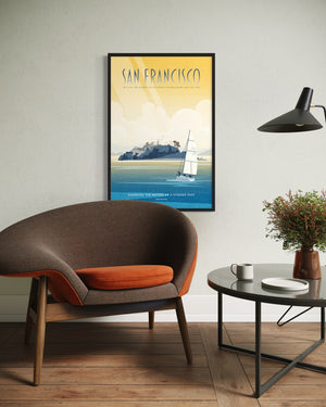 San Francisco Alcatraz fine art poster styled above a modern lounge chair