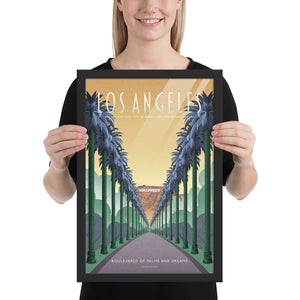 Product mockup of Illustrated Los Angeles travel poster showing Griffith Observatory at night with city skyline and a constellation forming a vintage movie camera in the sky. Retro Art Deco design with spotlights and starry sky.