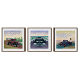 Western vintage vehicle gallery set of three featuring Chevy, Cadillac and Ford in walnut frames
