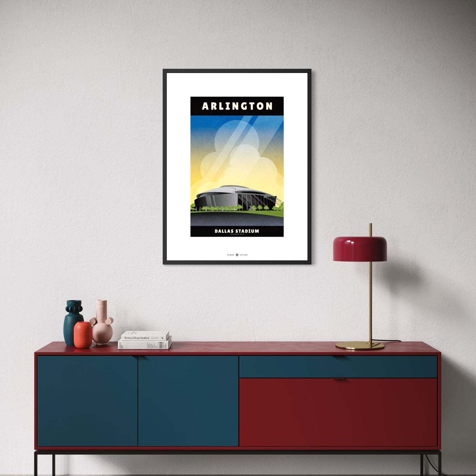 Vintage-style Dallas Stadium poster featuring the iconic Arlington, Texas venue beneath a bright blue sky in a clean graphic travel poster design.