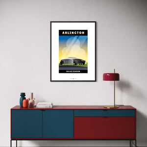 Framed Dallas Stadium poster displayed in a modern interior, showcasing the iconic Arlington, Texas stadium in a vintage-inspired illustration style.