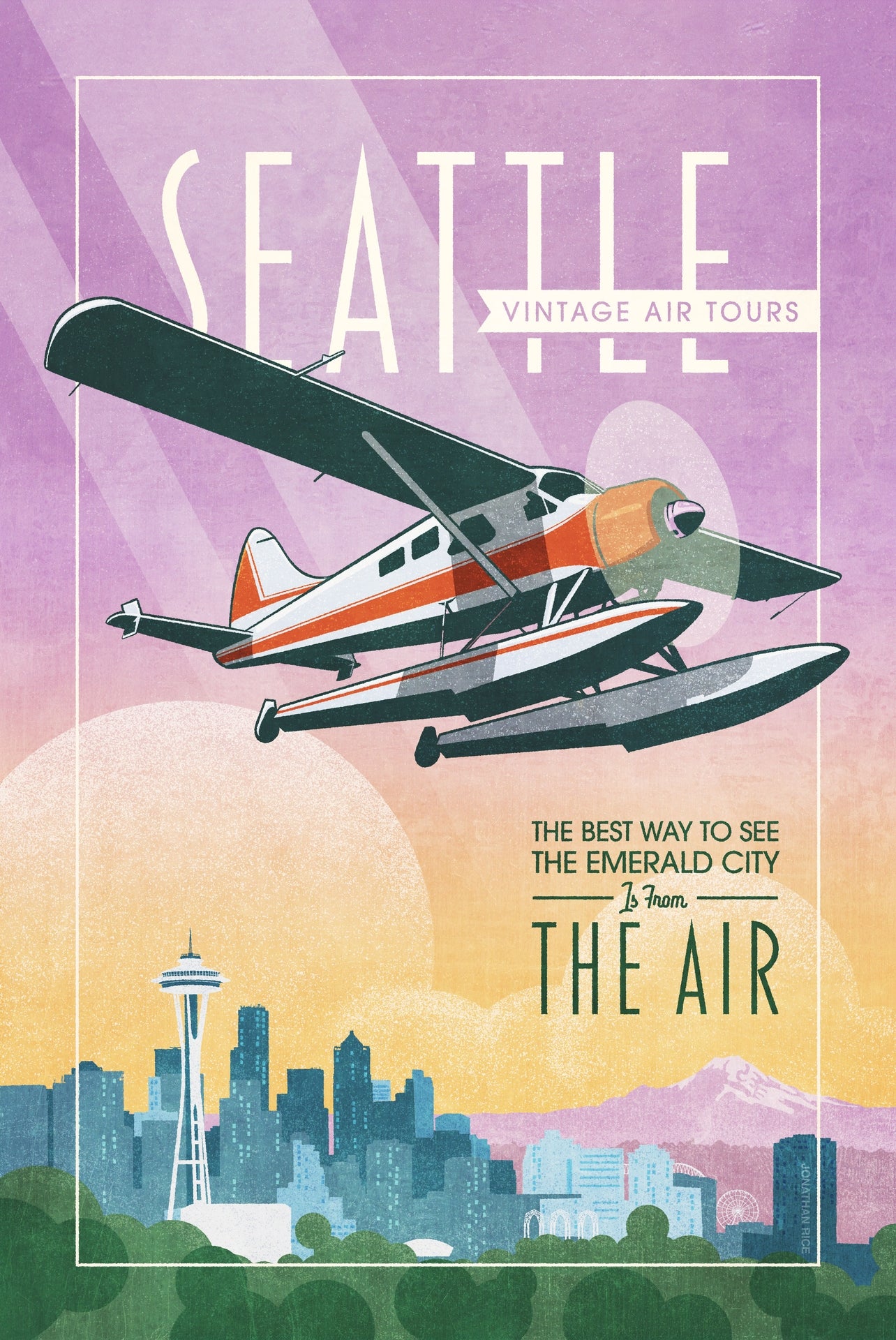 DHC-2 Beaver floatplane flying over Seattle in vintage aviation poster style by Jonathan Rice