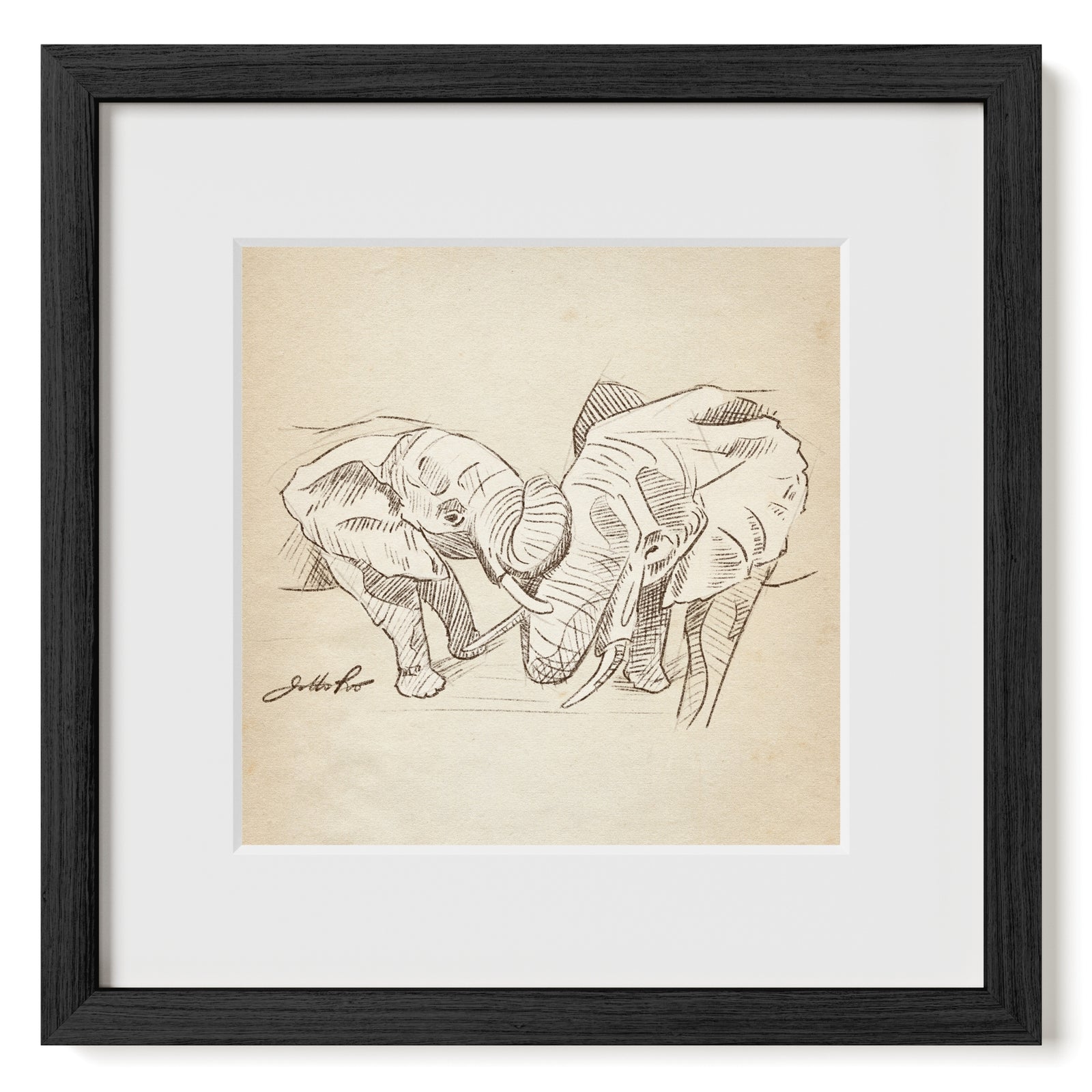 Two Elephants digital pencil sketch art print in white matte and black frame