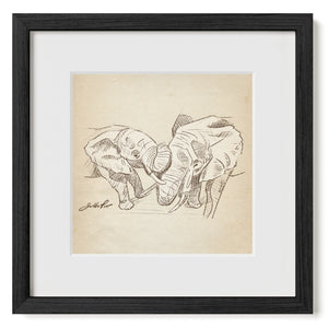 Two Elephants digital pencil sketch art print in white matte and black frame