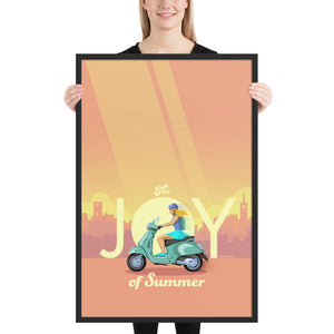 Product mockup of Italian scooter art print and poster. This poster captures the joy of riding a Vespa scooter through on a bright summer day with its bright vibrant colors, bold design, and headline “The Joy of Summer.”
