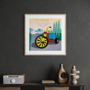 Big Wheel nostalgic childhood print in walnut frame displayed on an office wall