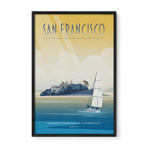 San Francisco Alcatraz fine art travel poster in black wood frame, vintage coastal illustration by Jonathan Rice