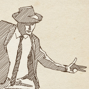 Close-up of Dancing Man No. 2 digital sketch highlighting the dancer's fedora, expressive hand gestures, and detailed crosshatched shading.