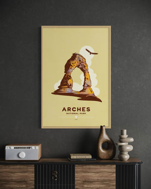 Arches National Park travel poster oak frame office mockup