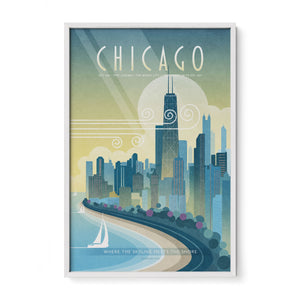 Framed Chicago Shoreline Drive travel poster in white wood frame, vintage skyline illustration with Lake Michigan