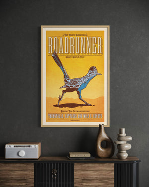 Roadunner poster by Jonathan Rice oak frame room mockup