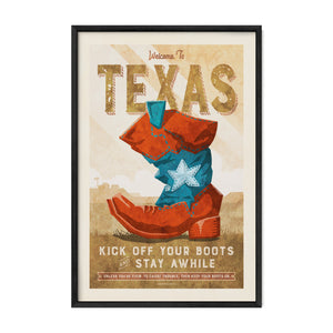 Welcome to Texas vintage Western cowboy boot poster in a black frame.