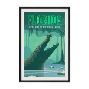 Florida alligator poster in a black frame featuring vintage-inspired Florida swamp artwork