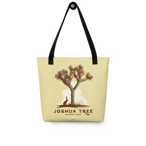 A spacious and trendy tote bag with original art by Jonathan Rice of Joshua Tree National Park in California.  This classy bag depicts a Joshua Tree with a Jackrabbit under its’ shade. Bag is 15” x 15” with a 11.8” handle and carry a maximum weight of 44 lbs. It makes a great gift for friends, family and National Park lovers. 