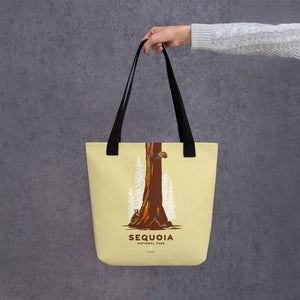 A spacious and trendy tote bag with original art by Jonathan Rice of Sequoia National Park in California.  This classy bag depicts a giant Sequoia tree with a black bear attempting to climb it. Bag is 15” x 15” with a 11.8” handle and carry a maximum weight of 44 lbs. It makes a great gift for friends, family and National Park lovers. 