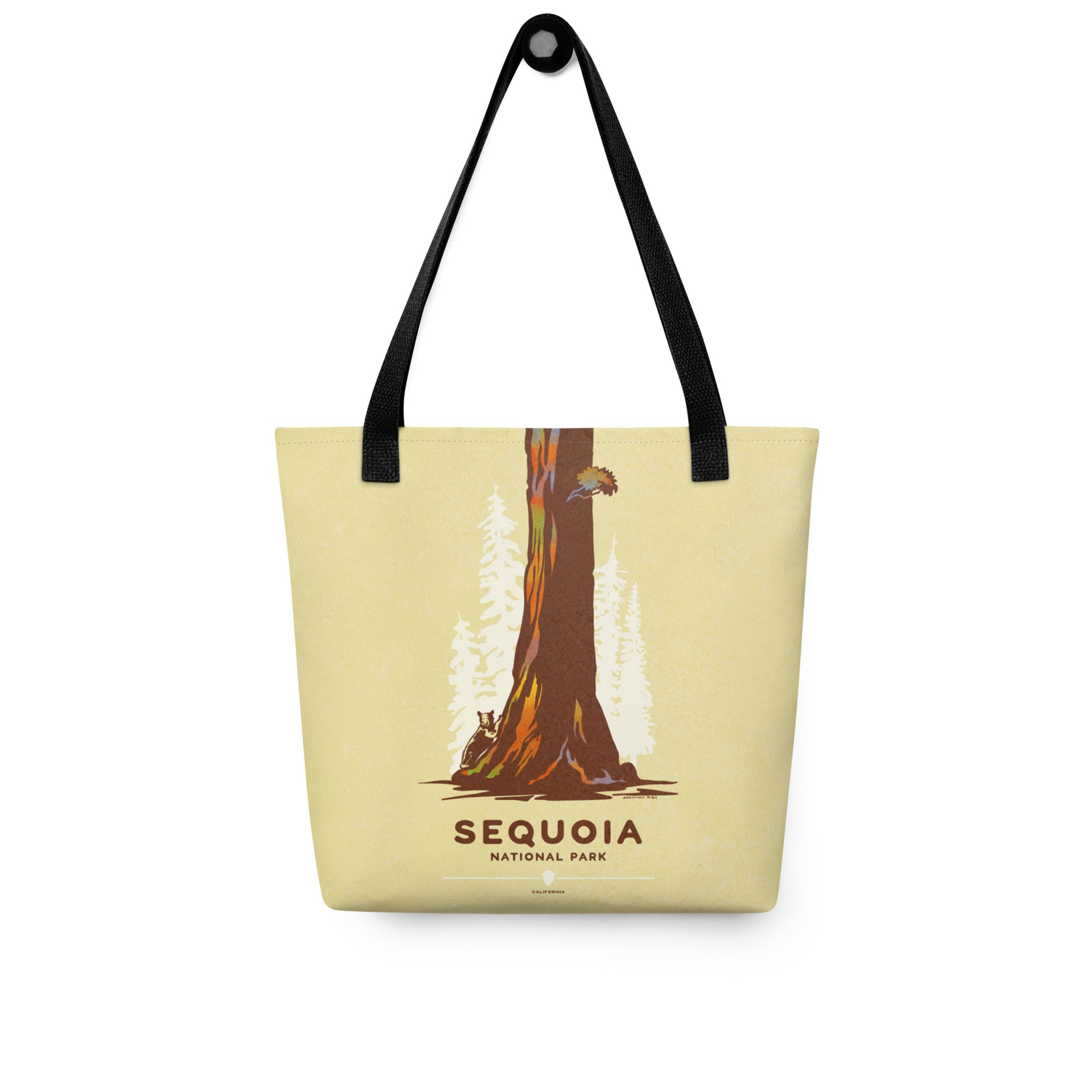 A spacious and trendy tote bag with original art by Jonathan Rice of Sequoia National Park in California.  This classy bag depicts a giant Sequoia tree with a black bear attempting to climb it. Bag is 15” x 15” with a 11.8” handle and carry a maximum weight of 44 lbs. It makes a great gift for friends, family and National Park lovers. 