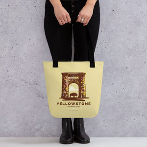 A spacious and trendy tote bag with original art by Jonathan Rice of Yellowstone National Park in Idaho, Montana and Wyoming.  This classy bag depicts the historic Roosevelt Arch—a gateway to Yellowstone—with a bison standing in the middle of the entry. Bag is 15” x 15” with a 11.8” handle and carry a maximum weight of 44 lbs. It makes a great gift for friends, family and National Park lovers. 